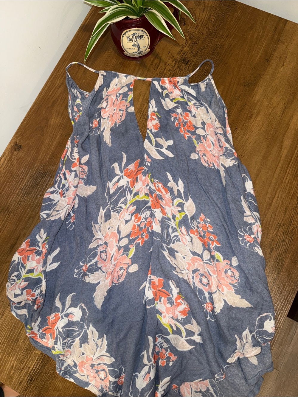 Lush Blue Floral Halter Tank with Coral Accents